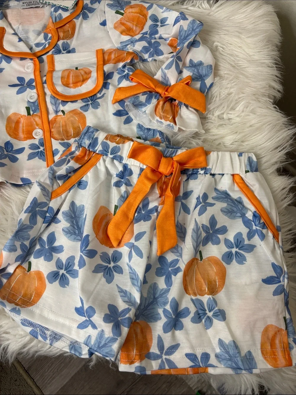 Girls Fall Pumpkin Floral Pajama Set with Orange Trim Size 4